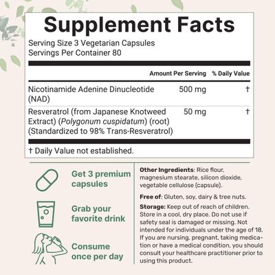 Micro Ingredients NAD Supplement 500mg with Resveratrol, 240 Veggie Capsules Extra Strength Nicotinamide Adenine - NAD 98 Pure Trans-Resveratrol Extract Anti-Aging, Energy, &amp; Brain Support