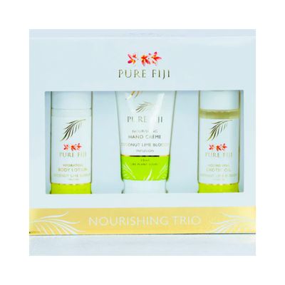 Pure Fiji Nourishing Trio, Ideal Spa Bath Gift Set for Women - Travel Kit - Includes Exotic Body Oil, Hydrating Body Lotion For Women and Nourishing Hand Cream, Coconut Lime Blossom Scent