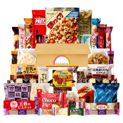 Dagaon Japanese Snack Box 42 Count - Variety of Dagashi Box - Biscuits, Cookies, Pies, Crackers, Candies, Ramen and More from Japan. Perfect appetizing snacks for any occasions, gifts and everyone.