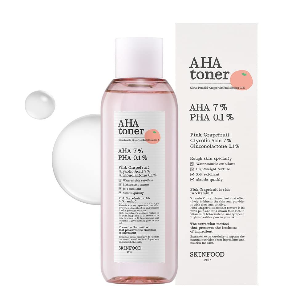 SKINFOOD Pink Grapefruit AHA Toner 6.76 fl.oz 200ml, 7 AHA Glycoloic Acid &amp; 0.1 PHA Gluconolactone Facial Exfoliant for Enlarged Pores, Glow Boosting, Smooth Skin