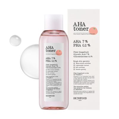 SKINFOOD Pink Grapefruit AHA Toner 6.76 fl.oz 200ml, 7 AHA Glycoloic Acid &amp; 0.1 PHA Gluconolactone Facial Exfoliant for Enlarged Pores, Glow Boosting, Smooth Skin