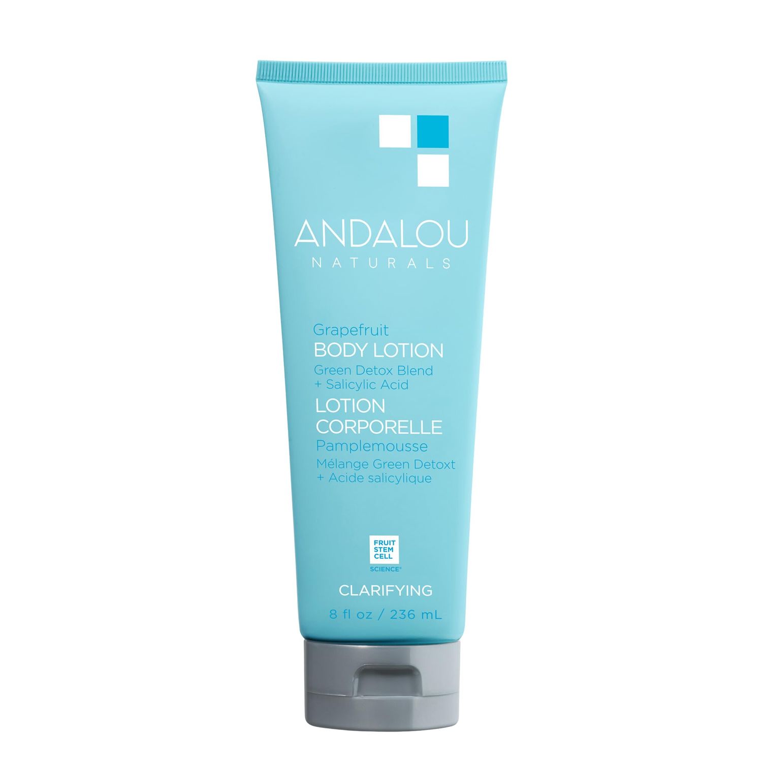 Andalou Naturals Body Lotion, Clarifying Grapefruit Skin Care, Lightweight, Gentle Exfoliating &amp; Moisturizing Lotion with Salicylic Acid &amp; Tea Tree for Skin Prone to Back Acne &amp; Blemishes, 8 fl oz