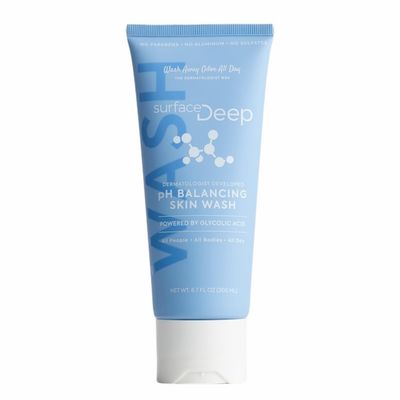 Surface Deep pH Balancing Face and Body Skin Wash Shower Gel. Powered by Glycolic Acid. Developed by Dermatologist. Gently exfoliates and prevents body odor. Unscented.