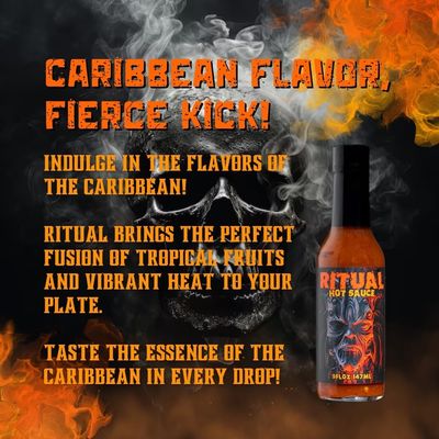 HELLFIRE RITUAL CARIBBEAN SPICED RUM-INFUSED HOT SAUCE. A TASTE OF THE ISLANDS TRINIDAD SCORPION, 7-POT PRIMO &amp; ORANGE HABANERO PEPPERS BRING AN ERUPTION OF HEAT! MANGOES, PAPAYAS, PINEAPPLES