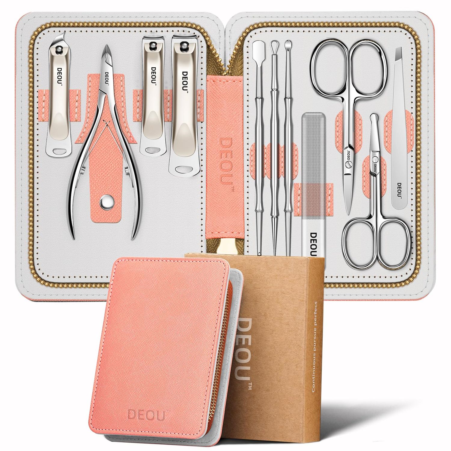 DEOU Professional Nail Set 11 in 1 stainless steel home care nail clippers, men&#39;s luxury travel leather storage box, women&#39;s beauty kit Pink
