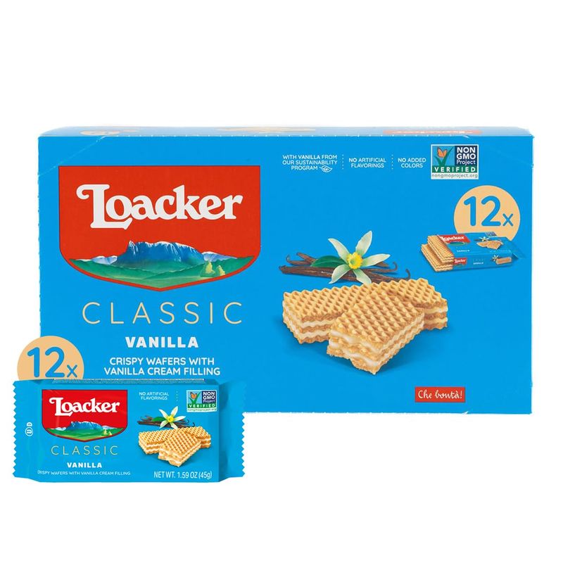 Loacker Classic Vanilla Wafers - Premium Crispy Vanilla Wafer Cookies with Vanilla Cream Filling - Multipack of 12 Snack Packs - NON-GMO - Sustainably Sourced Vanilla - 45g1.59oz, Pack of 12