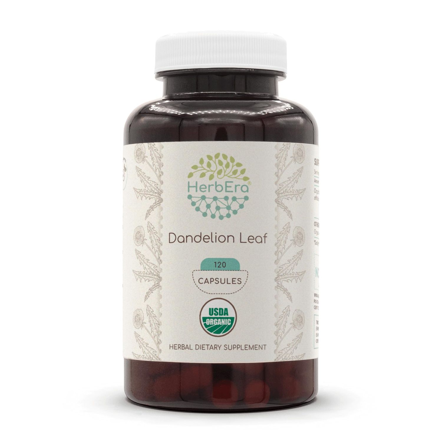 HerbEra Dandelion Leaf 120 Capsules, 500 mg, USDA Organic Dandelion Taraxacum Officinale Dried Leaf 120 Capsules