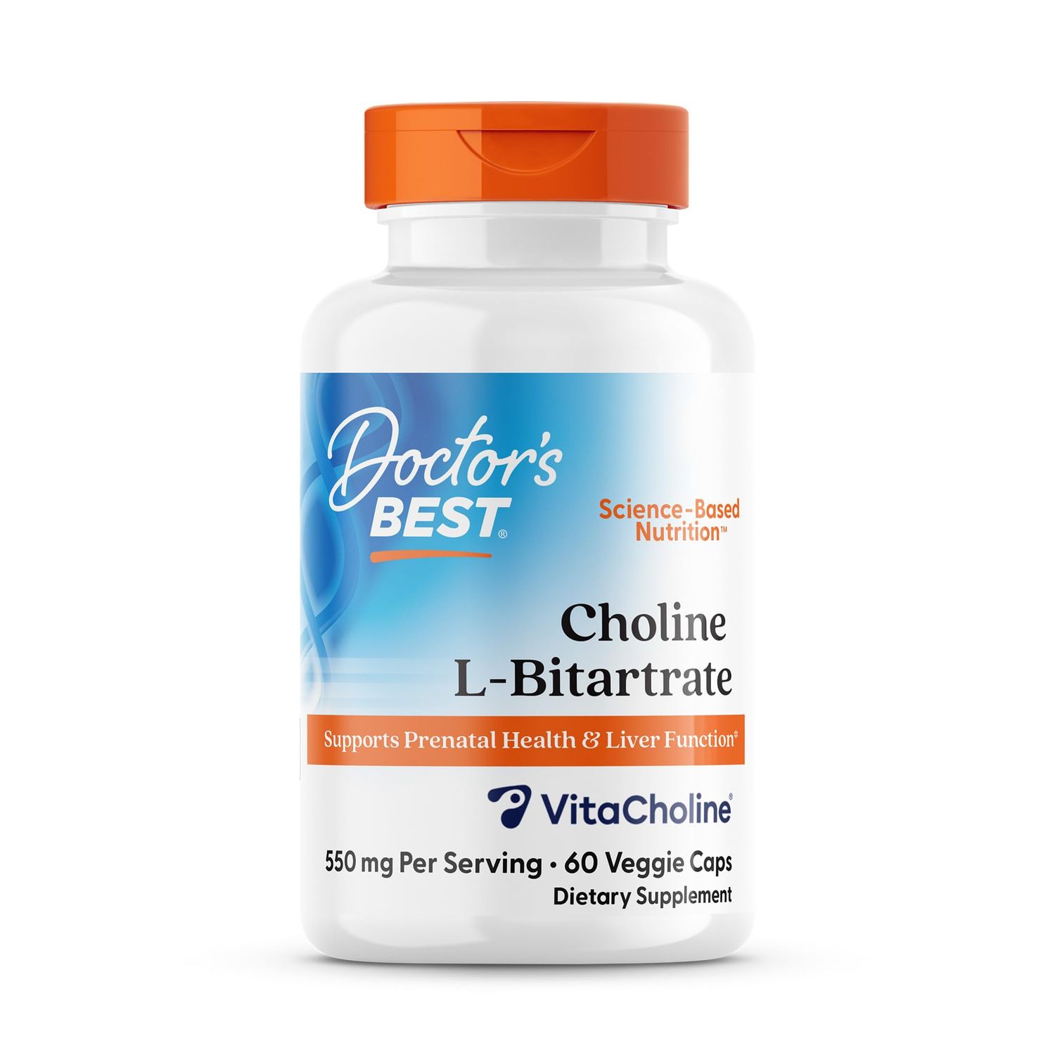 Doctor&#39;s Best Choline L-Bitartrate VitaCholine, Supports Prenatal Health &amp; Liver Function, Non-GMO, Gluten Free, Soy Free, Vegan 60 Veggie Caps