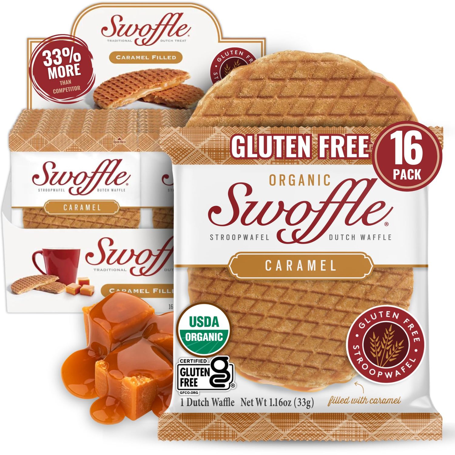 Gluten Free Organic Stroopwafels by Swoffle - Caramel Filled 16 1.16oz Wafers non-GMO, Wheat Free, Kosher, Soy Free, Nut Free and All Natural!
