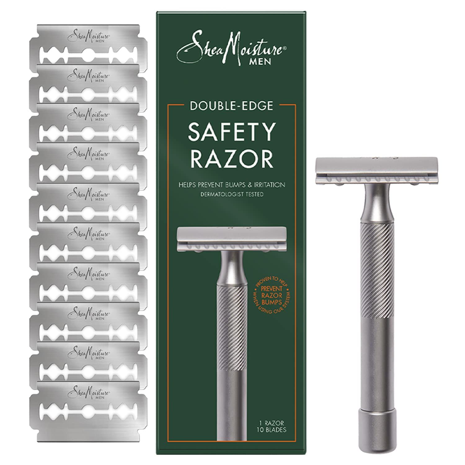 Shea Moisture Men, Double Edge Safety Razor with 10 Refill Double Edge Razor Blades for Men, Platinum Coated, Stainless Steel, Dad Gifts, 1 Razor Handle &amp; 10 Razor Blades per Box