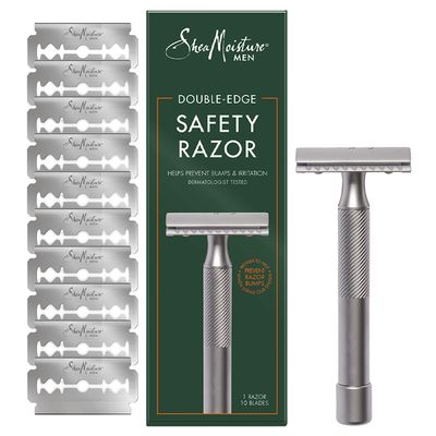 Shea Moisture Men, Double Edge Safety Razor with 10 Refill Double Edge Razor Blades for Men, Platinum Coated, Stainless Steel, Dad Gifts, 1 Razor Handle &amp; 10 Razor Blades per Box