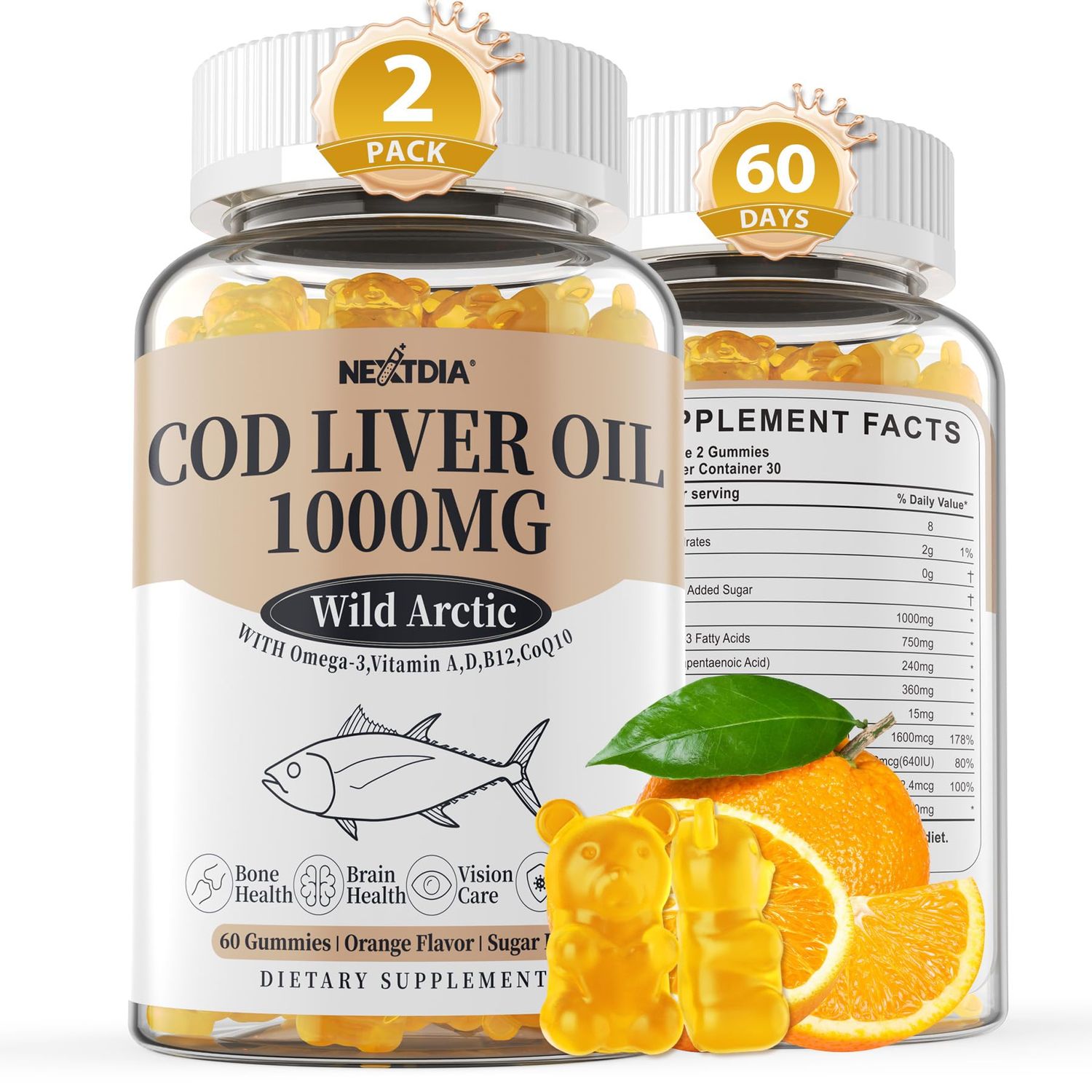 Made in USA Cod Liver Oil 1000mg Gummies for Adults &amp; Kids, with Vitamin A &amp; D3 - Omega 3 Fish Oil Alternative - DHA 360mg &amp; EPA 240mg for Brain, Bone, Eye &amp; Immune Health, Sugar Free, 120 Cts