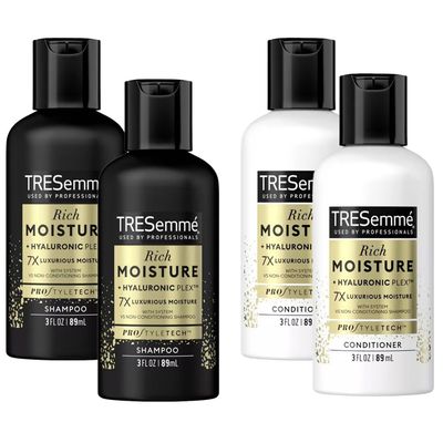 TRESemme Rich Moisture Shampoo and Conditioner set - 2 Shampoo 2 Conditioner Travel Size - Hair care for Dry or Dull Hair with Hyaluronic Plex 3 oz. Ea