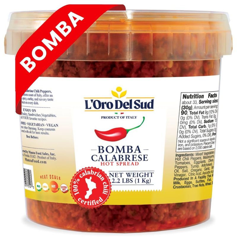 Calabrian Bomba Hot Pepper Sauce 2.2 lb 1 kg, Certified Authentic, Bomba Calabrese, Spicy Mixed Vegetable Spread, Product of Italy, L&#39;Oro Del Sud