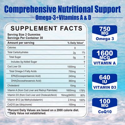 Made in USA Cod Liver Oil 1000mg Gummies for Adults & Kids, with Vitamin A & D3 - Omega 3 Fish Oil Alternative - DHA 360mg & EPA 240mg for Brain, Bone, Eye & Immune Health, Sugar Free, 120 Cts