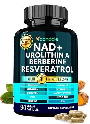 Adndale NAD Supplement for Women and Men. Longevity Formula with Liposomal NAD, Trans Resveratrol, Urolithin-A, Berberine, CoQ10. NMN Supplement Alternative. 90 Count