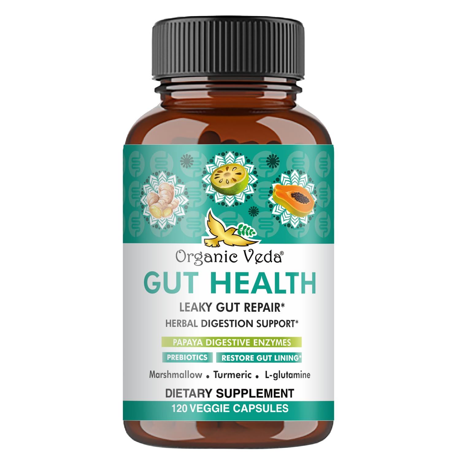 Organic Veda Marshmallow Turmeric Gut Supplement - Digestion Health, Leaky Gut Repair &amp; Cleanse Support - Papaya Digestive Enzymes, Prebiotics, L-Glutamine, Green Banana, Psyllium Husk - 120 Capsule