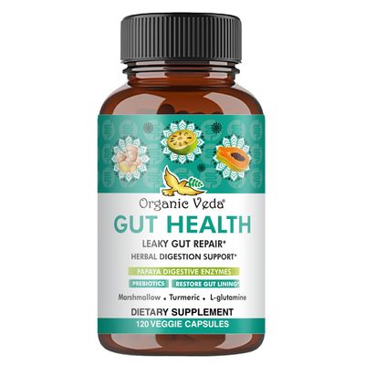 Organic Veda Marshmallow Turmeric Gut Supplement - Digestion Health, Leaky Gut Repair &amp; Cleanse Support - Papaya Digestive Enzymes, Prebiotics, L-Glutamine, Green Banana, Psyllium Husk - 120 Capsule