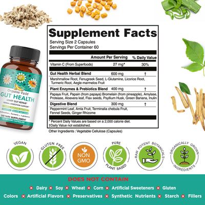 Organic Veda Marshmallow Turmeric Gut Supplement - Digestion Health, Leaky Gut Repair & Cleanse Support - Papaya Digestive Enzymes, Prebiotics, L-Glutamine, Green Banana, Psyllium Husk - 120 Capsule