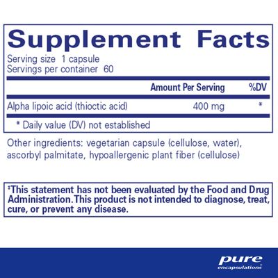Pure Encapsulations Alpha Lipoic Acid 400 mg ALA Supplement for Liver Support, Antioxidants, Nerve and Cardiovascular Health, Free Radicals, and Carbohydrate Support 60 Capsules