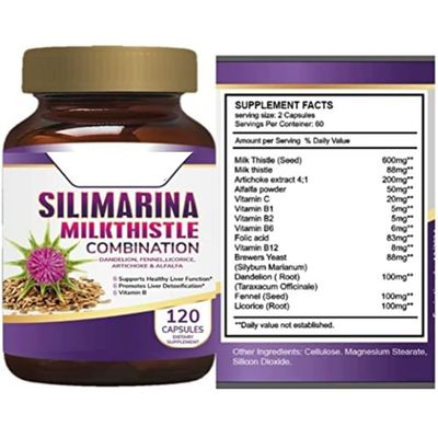 Pastillas para el higado graso Silimarina para el higado graso 120 Capsules with Silymarin, Dandelion, Fennel, Complex B, Licorice.