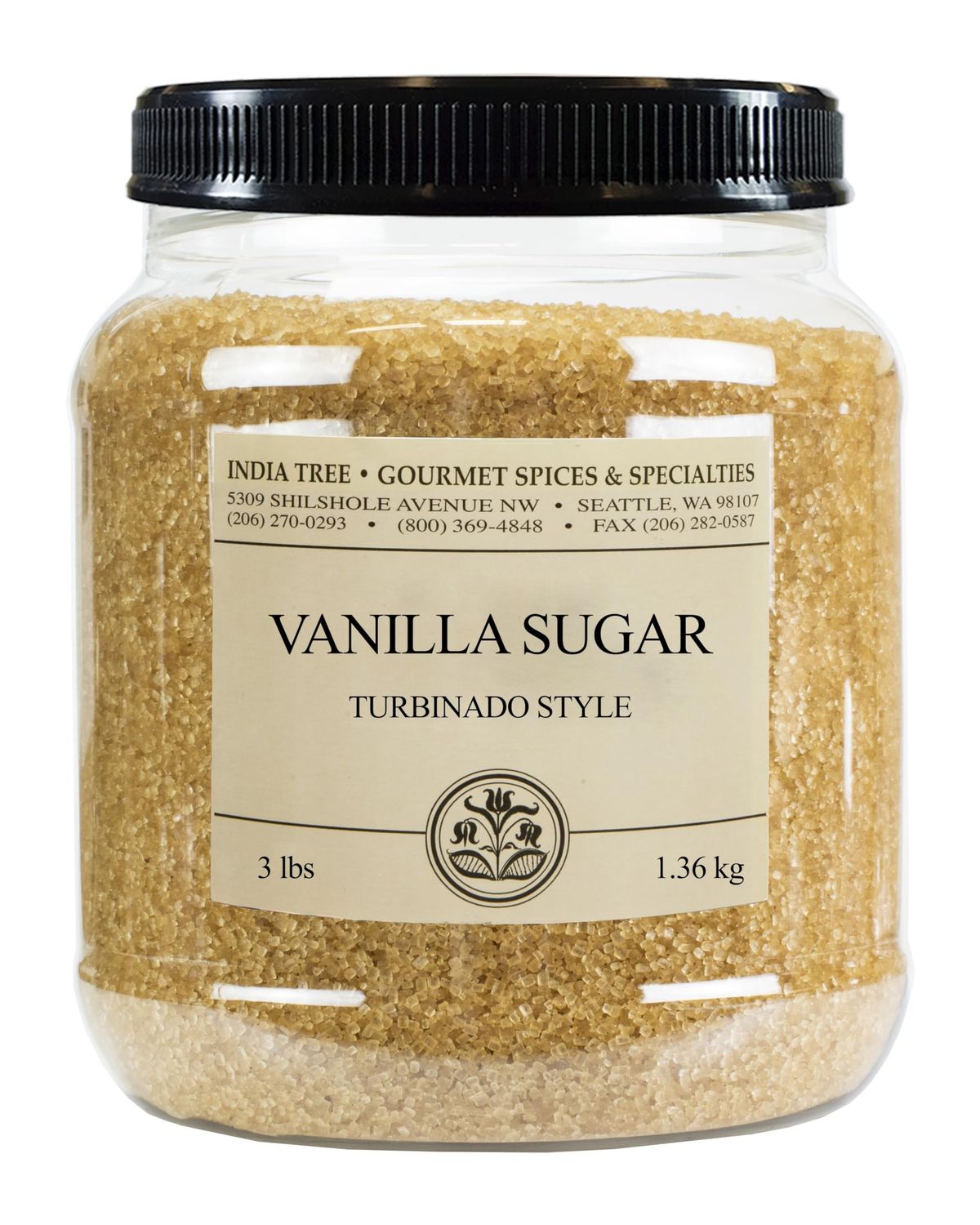 India Tree Vanilla Sugar, 3 lb Canister - Vegan, Non-GMO and Fair Trade Raw Cane Sugar with Real Vanilla Bean