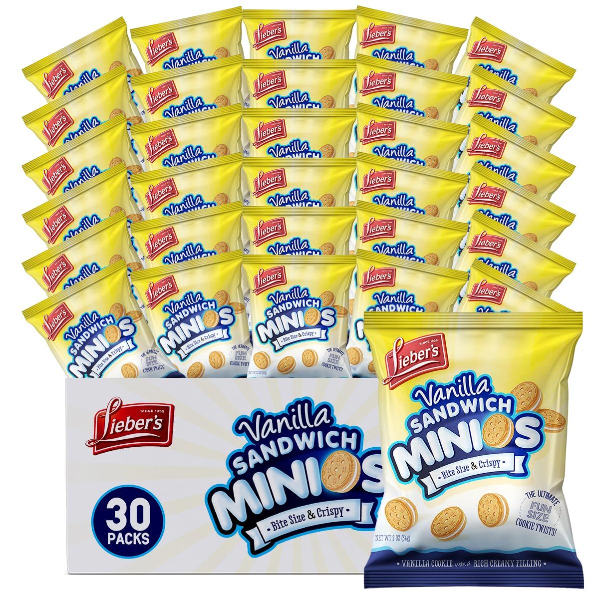 Liebers Sandwich Minios Vanilla Cookies - Bite-Sized Treats with Rich Cream Filling - 2 Oz. Bags, 30 Snack Packs - Crispy and Delicious