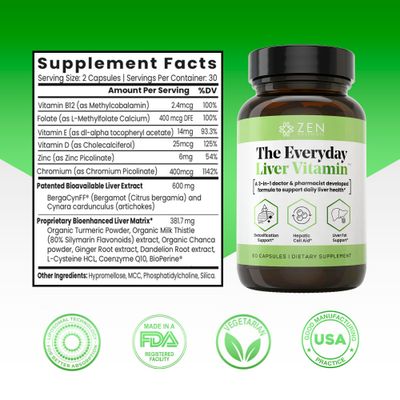 Zen Nutrients The Everyday Liver Vitamin - Liver Cleanse Detox &amp; Repair with Bergacyn FF, Organic Milk Thistle, Dandelion Root &amp; Artichoke Extract for Liver Health - Fatty Liver Support Supplements