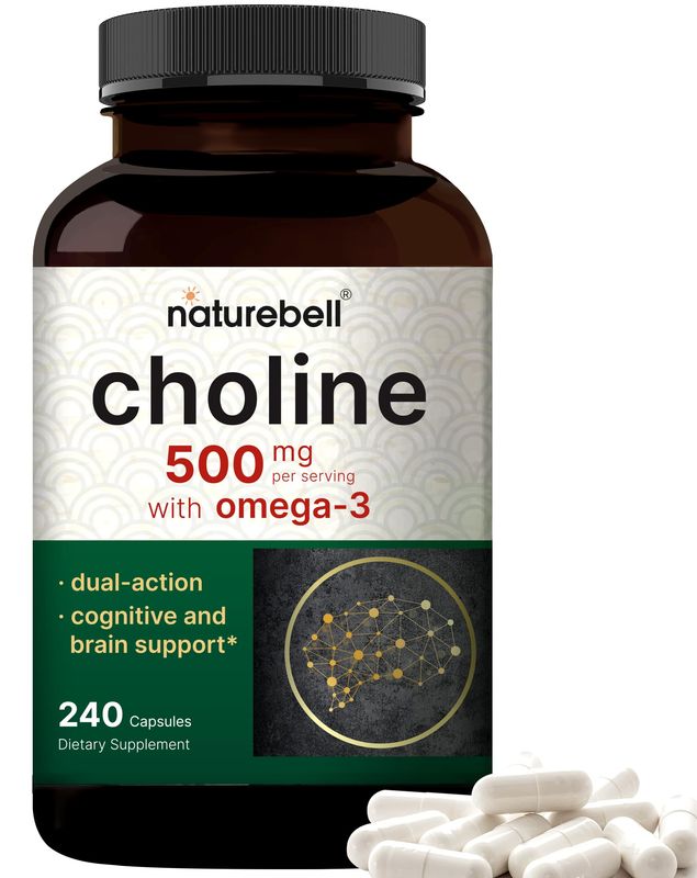 Choline Supplements 500mg with Omega-3 Fatty Acids, 240 Capsules High Potency Choline Bitartrate - Prenatal Support During Pregnancy - Promotes Energy, Liver, Brain, &amp; Cognitive Health
