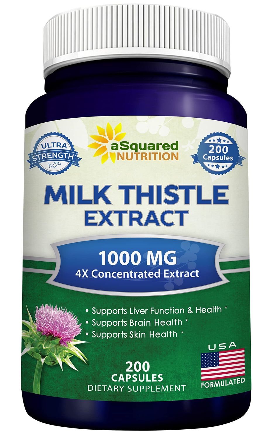 aSquared Nutrition Milk Thistle Supplement 1000mg-200 Capsules,Max Strength 4X Concentrated Extract 4:1 Milk Thistle Seed Powder Herb Pills, 1000 mg Silymarin Extract for Liver Support, Cleanse, Detox