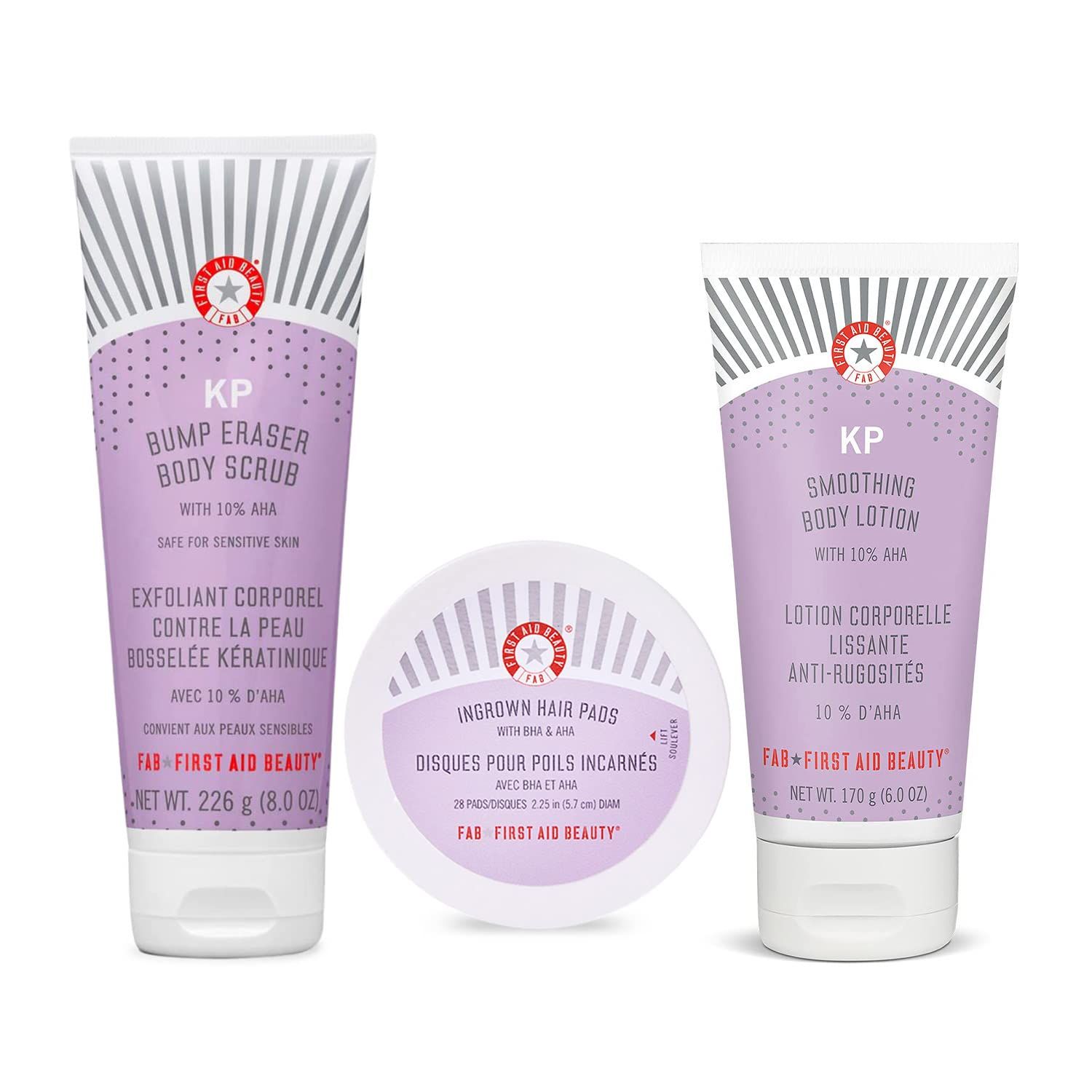 First Aid Beauty - Smooth Operators Trio: KP Bump Eraser Body Scrub, 8 oz, Smoothing Lotion, 6oz, and Ingrown Hair Pads, 28 Pads, Deep Moisture Exfoliating Skin Treatment Set with BHA &amp; AHA, 3ct
