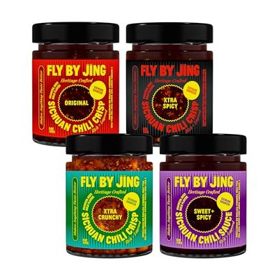 FLYBYJING Chili Crisp Bundle: Four Premium Chili Sauces Good on Noodles, Proteins, Veggies &amp; Everything - Spicy, Savory, Cruncy Vegan Hot Sauces, Great Gift for Foodies 6oz Pack of 4