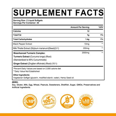 5 in 1 Turmeric Curcumin Softgels 2000mg with Milk Thistle Seed Extract & Black Pepper, Ginger Root - Immune, Liver Support - 95 Curcuminoids - Turmeric and Ginger Supplement Softgel Capsules