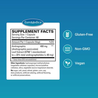 Euromedica Andrographis EP80 - Supplement for Brain Health &amp; Immune Support - Joint Health Support Supplement to Aid Mobility - Vegan Adaptogen Supplement for Energy &amp; Liver Support - 60 Capsules