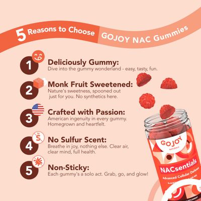 GOJOY NACsentials Sugar-Free NAC Gummies - 600mg N-Acetyl Cysteine with Vitamin C, ALA, Quercetin &amp; Astaxanthin - Antioxidant &amp; Liver Detox Support - Vegan &amp; Keto-Friendly - 60 Gummies