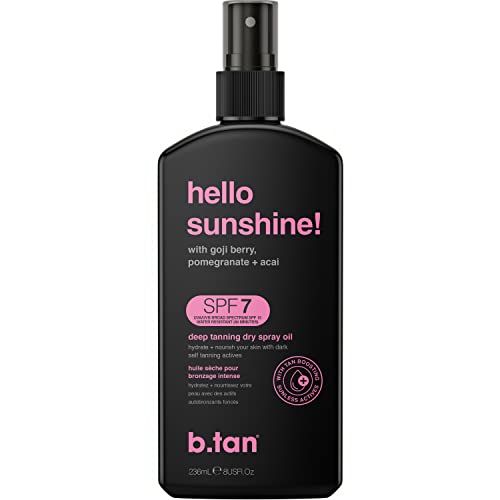b.tan SPF 7 Tanning Oil Hello Sunshine - Deep Suntan Dry Spray, Best Outdoor Browning Body Mist, Packed with Moisturizing Goji Berry, Pomegranate Acai, Austrailian Brand, 8 Fl Oz