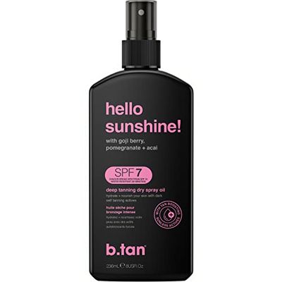 b.tan SPF 7 Tanning Oil Hello Sunshine - Deep Suntan Dry Spray, Best Outdoor Browning Body Mist, Packed with Moisturizing Goji Berry, Pomegranate Acai, Austrailian Brand, 8 Fl Oz