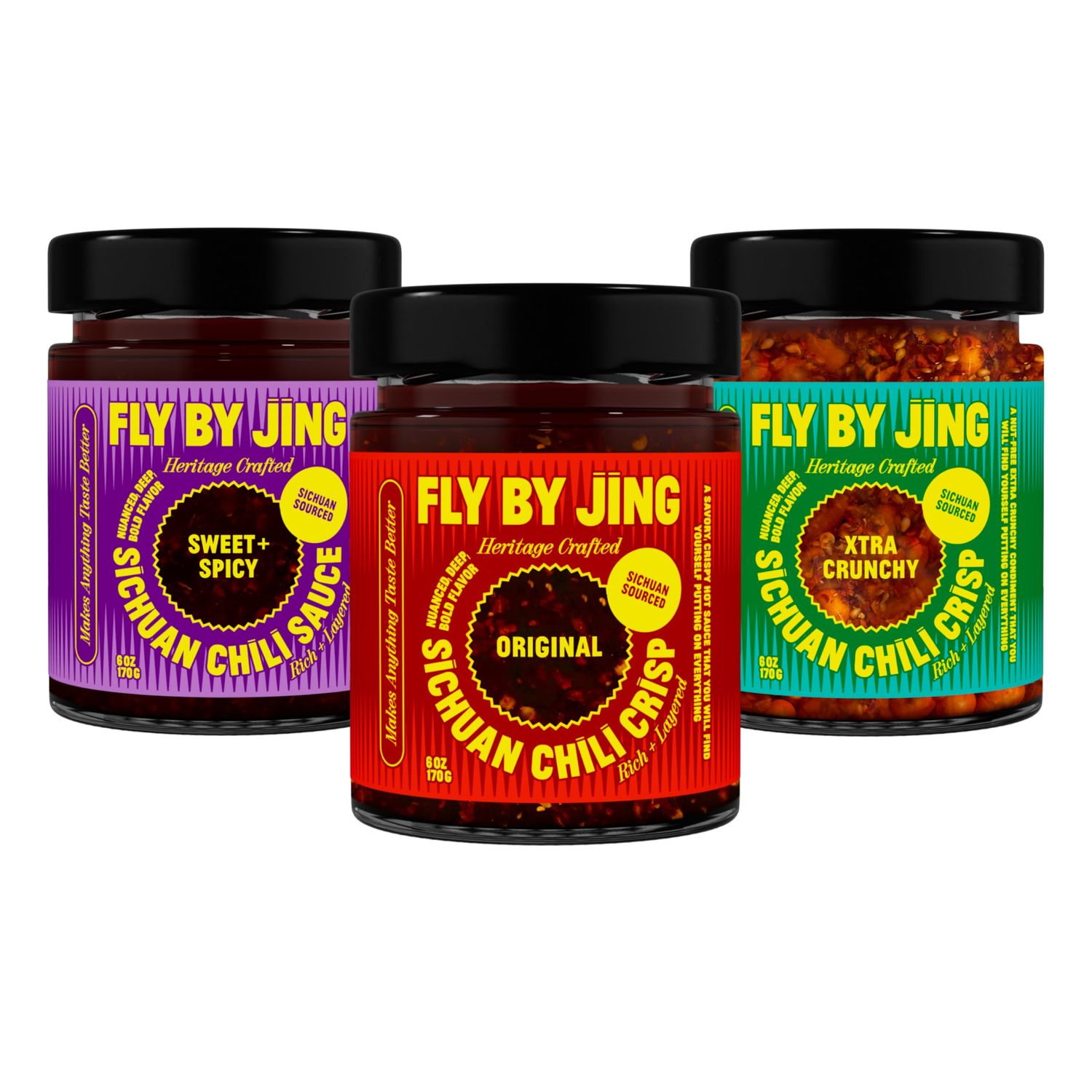 FLYBYJING Sichuan Chili Crisp Bundle: Three Premium Chili Sauces Good on Noodles, Proteins, Veggies &amp; Everything - Spicy, Savory, Crunchy Vegan Hot Sauces, Great Gift for Foodies 6oz Pack of 3