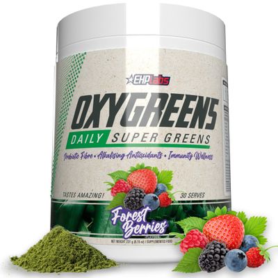 EHP Labs OxyGreens Super Greens Powder - Daily Greens &amp; Superfood Supplement with Spirulina, Chlorella, Prebiotics, Digestive Enzymes, Antioxidants - 30 Servings Forest Berries