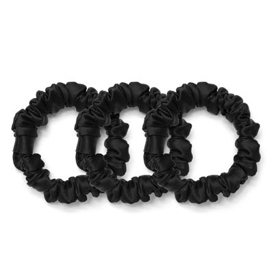 Rizos Curls Vegan Silk Mini Scrunchie - Gente Hold For No Crease and Breakage Protection, Damage &amp; Frizz Free Hair Tie, 3-Pack, Black