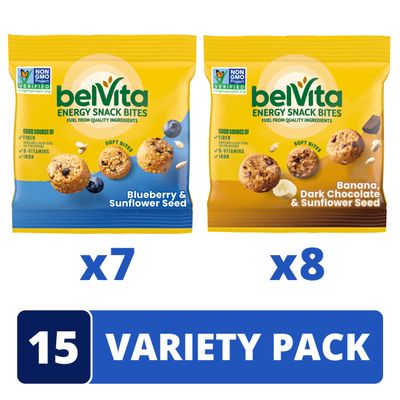 belVita Energy Snack Bites Variety Pack, Banana Dark Chocolate &amp; Sunflower Seed, Blueberry &amp; Sunflower Seed, 15 Snack Packs
