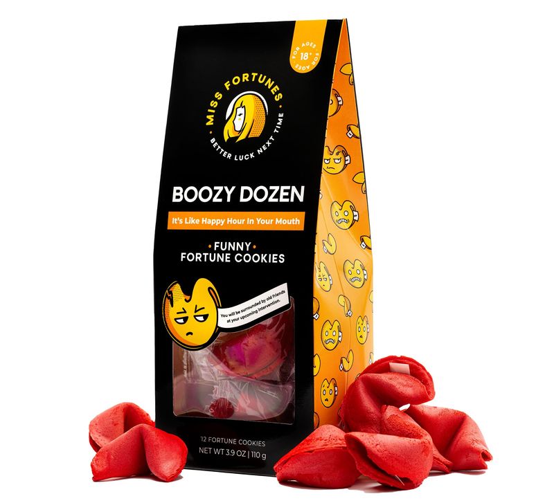 Miss Fortunes, Funny Fortune Cookies, The Boozy Dozen, It's Like Happy Hour In Your Mouth! A Great Gift or Party Starter, Written by Professional Comedy Writers Bag of 12 Individually Wrapped Cookies