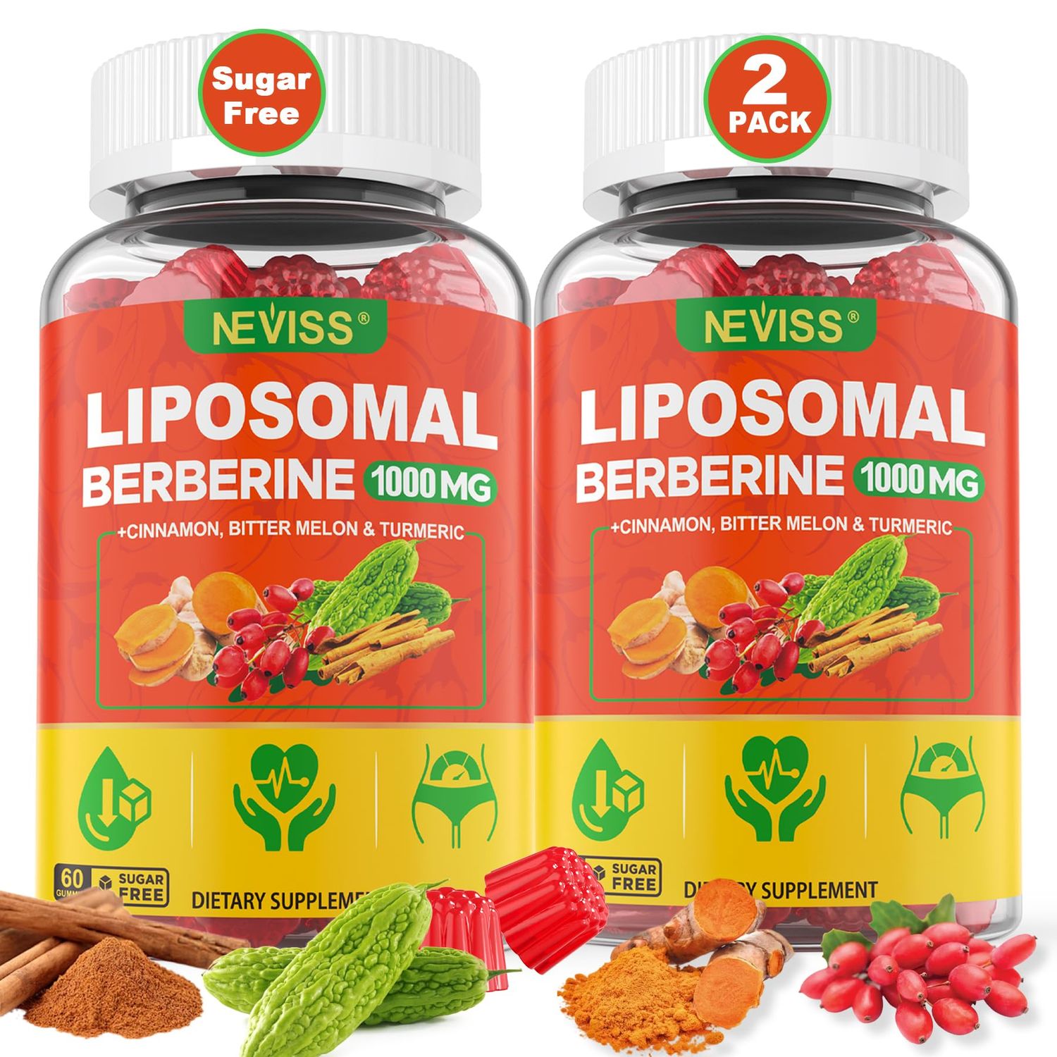 Liposomal Berberine Gummies Organic Berberine HCL Turmeric, Berberine Supplement with Ceylon Cinnamon, Bitter Melon, Fiber for Digestion, Artichoke for Liver, Overall Health, Sugar Free