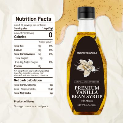 MONKSHUSHU Premium Vanilla Bean Allulose Syrup 18.7 Fl Oz - Liquid Sweetener for coffee and other drinks - Keto Diet, Vegan, Diabetes-Safe - Zero Calorie Sugar Substitute - Gluten Free, 0g Net Carbs