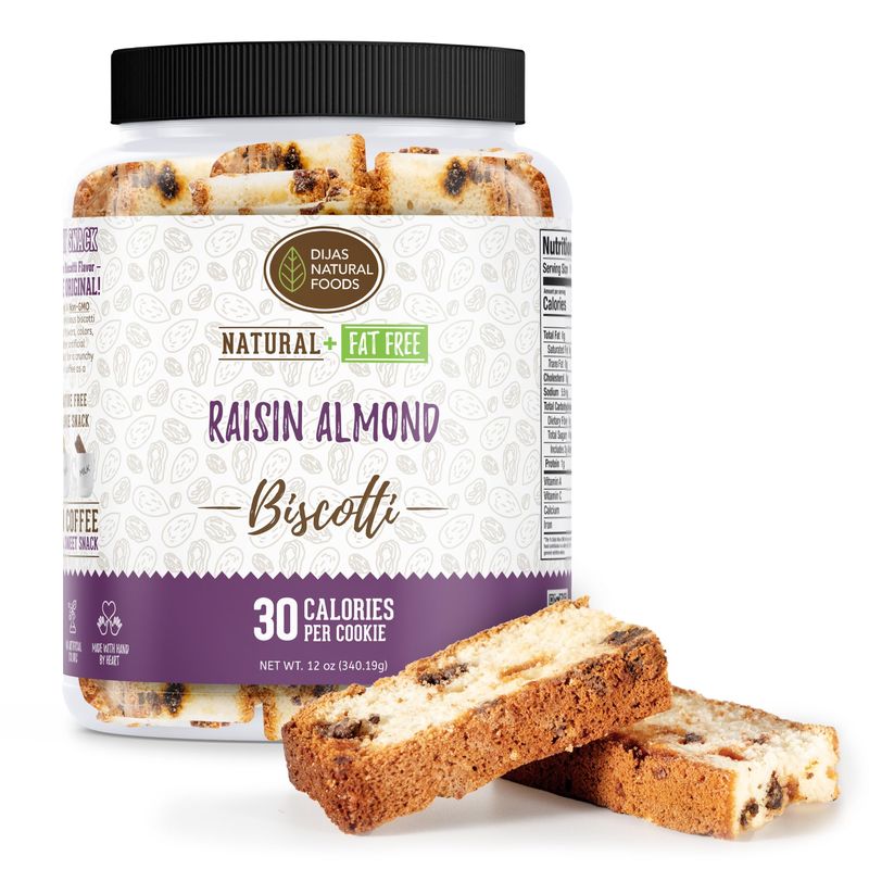 DIJAS Natural Foods, Individually Wrapped Fat Free Biscotti Cookie, All Natural Preservative Free Ingredients, Delicious Low Calorie Snack Raisin Almond