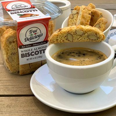 True Delicious WHOLE ALMOND BISCOTTI, Fine Italian cookies, baked twice 4 boxes of 6oz each
