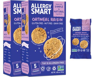 Allergy Smart Crunchy OATMEAL RAISIN Vegan Cookies Gluten Free, Nut Free, Egg Free, Dairy Free, Non GMO, Kosher, Celiac Safe Delicious Plant Based School Snack for Kids &amp; On the Go 10 INDIVIDUALLY...