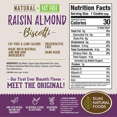 DIJAS Natural Foods, Individually Wrapped Fat Free Biscotti Cookie, All Natural Preservative Free Ingredients, Delicious Low Calorie Snack Raisin Almond