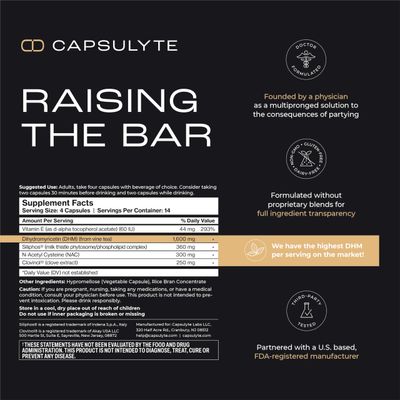 CAPSULYTE Pregame Prevent Feeling Awful After Drinking Alcohol Aid and Liver Health Doctor Formulated DHM, N-Acetyl Cysteine NAC, Milk Thistle Box of 14 Packets 56 Capsules