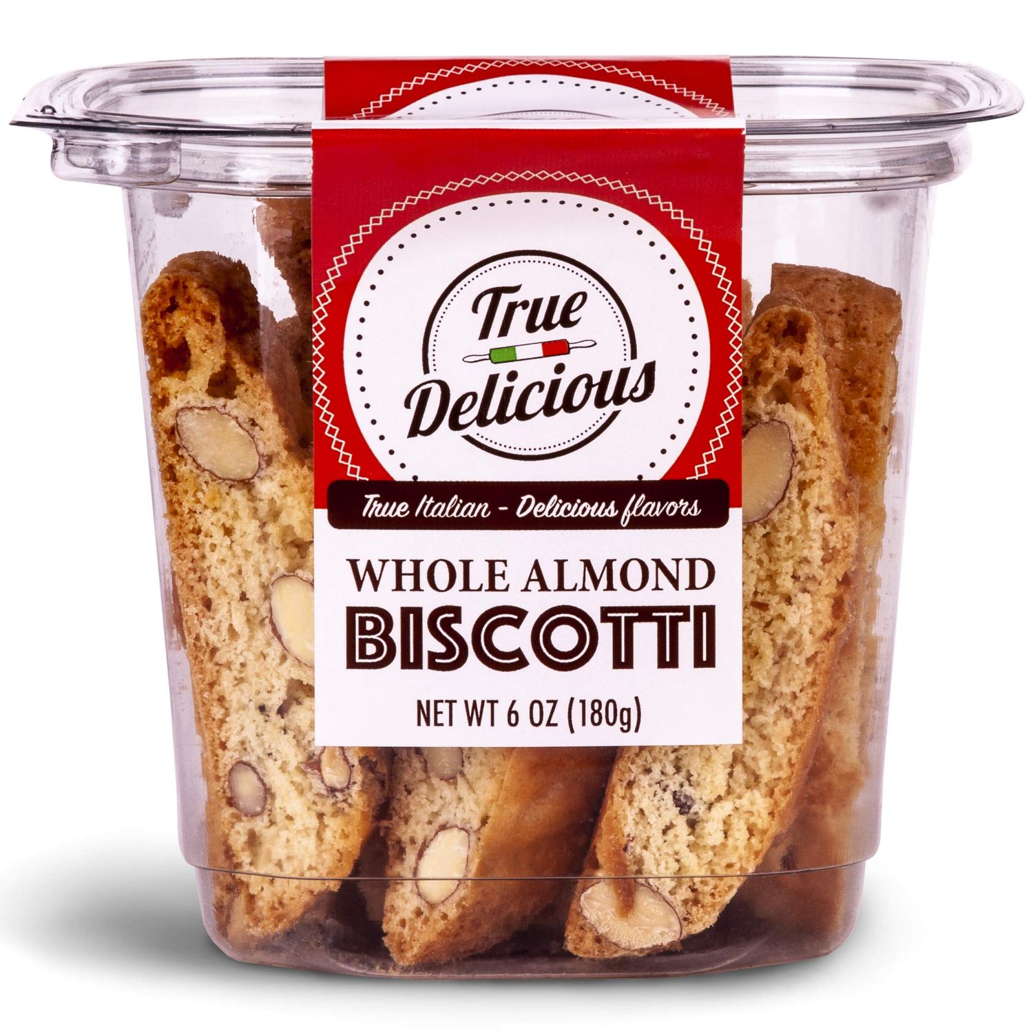 True Delicious WHOLE ALMOND BISCOTTI, Fine Italian cookies, baked twice 4 boxes of 6oz each
